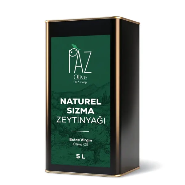 PAZ 5 litrelik naturel sızma zeytinyağı teneke ambalajı beyaz fonda önden ve yandan sergileniyor.