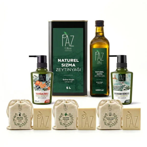 PAZ Büyük Ev Paketi içinde 5 litre naturel sızma zeytinyağı, 1 litre cam şişe zeytinyağı, mandalinalı ve hamam kokulu sıvı sabunlar ile zeytinyağlı katı sabunlar