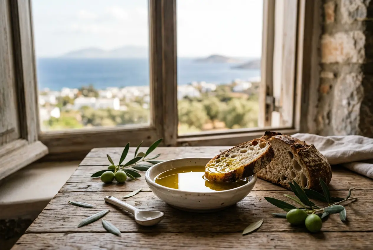 Kuzey Ege tarzı doğal ortamda, zeytinyağı kasesi, zeytin dalları ve ekmek ile hazırlanmış premium sızma zeytinyağı sahnesi
