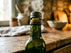 Tam kapanmamış kapaklı zeytinyağı şişesi hava temasını gösteriyor