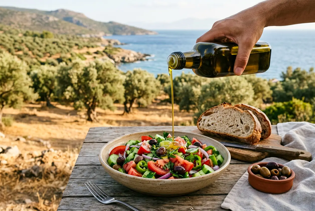 Kuzey Ege manzarası eşliğinde salataya dökülen naturel sızma zeytinyağı