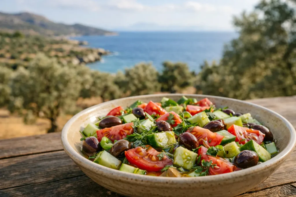 Zeytinyağı ile parlayan taze salata ve arka planda Kuzey Ege kıyısı