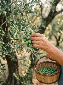 Erken hasat döneminde dalından toplanan yeşil zeytinler