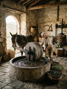 Taş baskı zeytinyağı üretimini temsil eden geleneksel sistem görseli