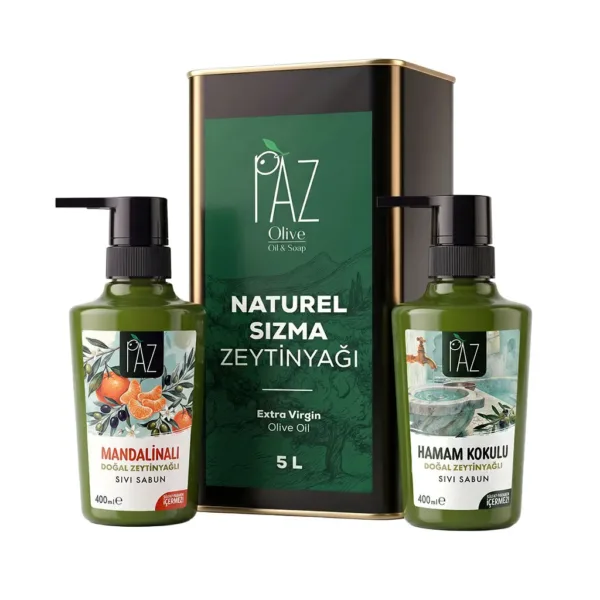 PAZ Mutfak & Sıvı Sabun Paketi içinde 5 litre naturel sızma zeytinyağı, mandalinalı ve hamam kokulu zeytinyağlı sıvı sabunlar