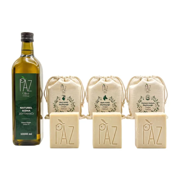 PAZ Sofra & Katı Sabun Paketi içinde 1 litre naturel sızma zeytinyağı, keçi sütlü, eşek sütlü ve hamam kokulu zeytinyağlı katı sabunlar