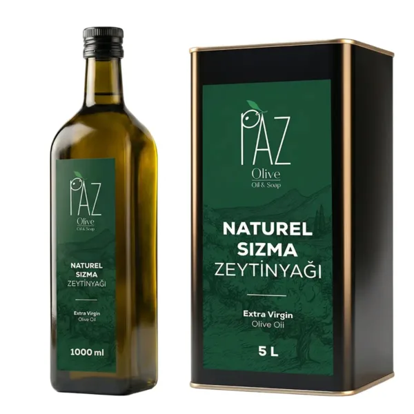 Alt metin: PAZ Sofra & Mutfak Paketi içinde 5 litre teneke naturel sızma zeytinyağı ve 1 litre cam şişe naturel sızma zeytinyağı